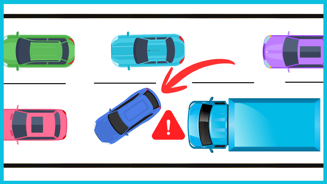トラックの前に割り込む乗用車のイラスト。危険な割り込みの瞬間を上空から描いた図解
