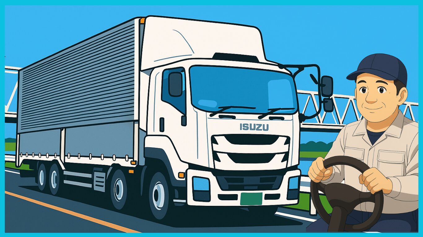 長距離トラックを運転する笑顔のドライバーのイラスト。再出発を象徴する前向きな表情。