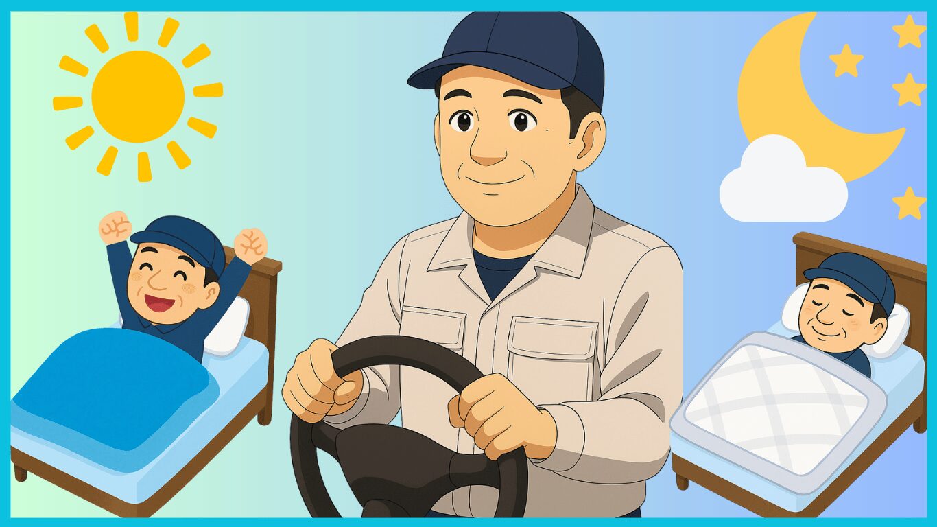 トラックドライバーの一日｜朝起きて運転し、夜に眠るまでの生活サイクルを描いたイラスト
