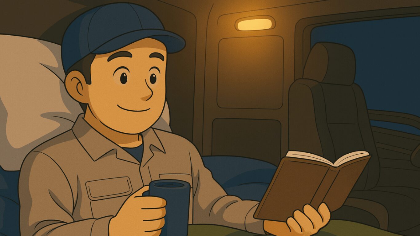 トラックの車内で読書とコーヒーを楽しむ長距離ドライバー。自由時間を満喫している様子。