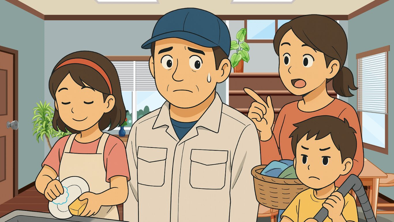 家事や育児の負担に悩むトラック運転手の男性と家族のイラスト