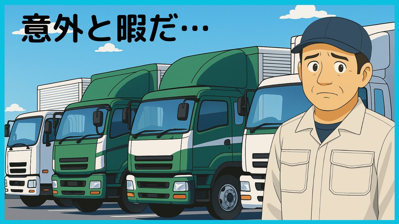 配送先で時間が余り、暇を持て余しているトラック運転手のイラスト。やることがなく困っている様子。
