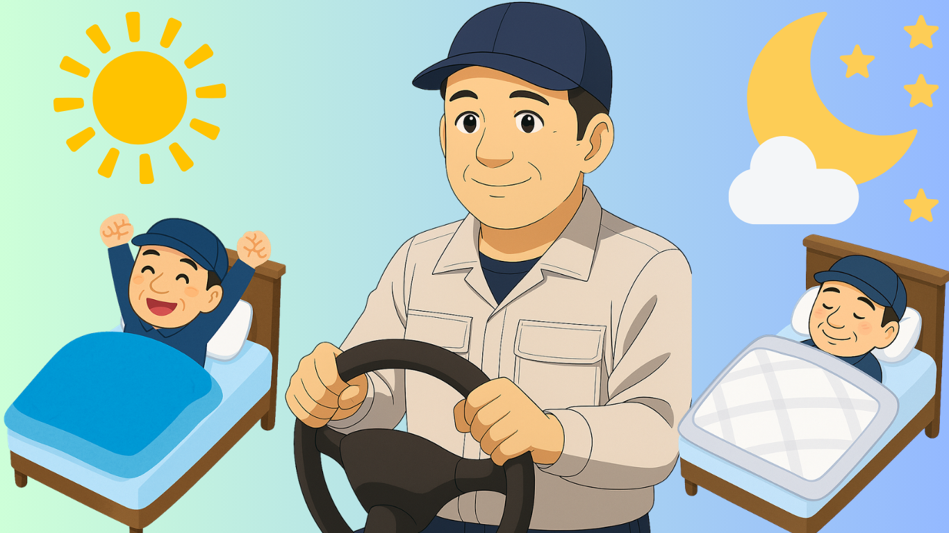 長距離トラック運転手が夜勤に備えて昼間に睡眠を取る生活リズムの図