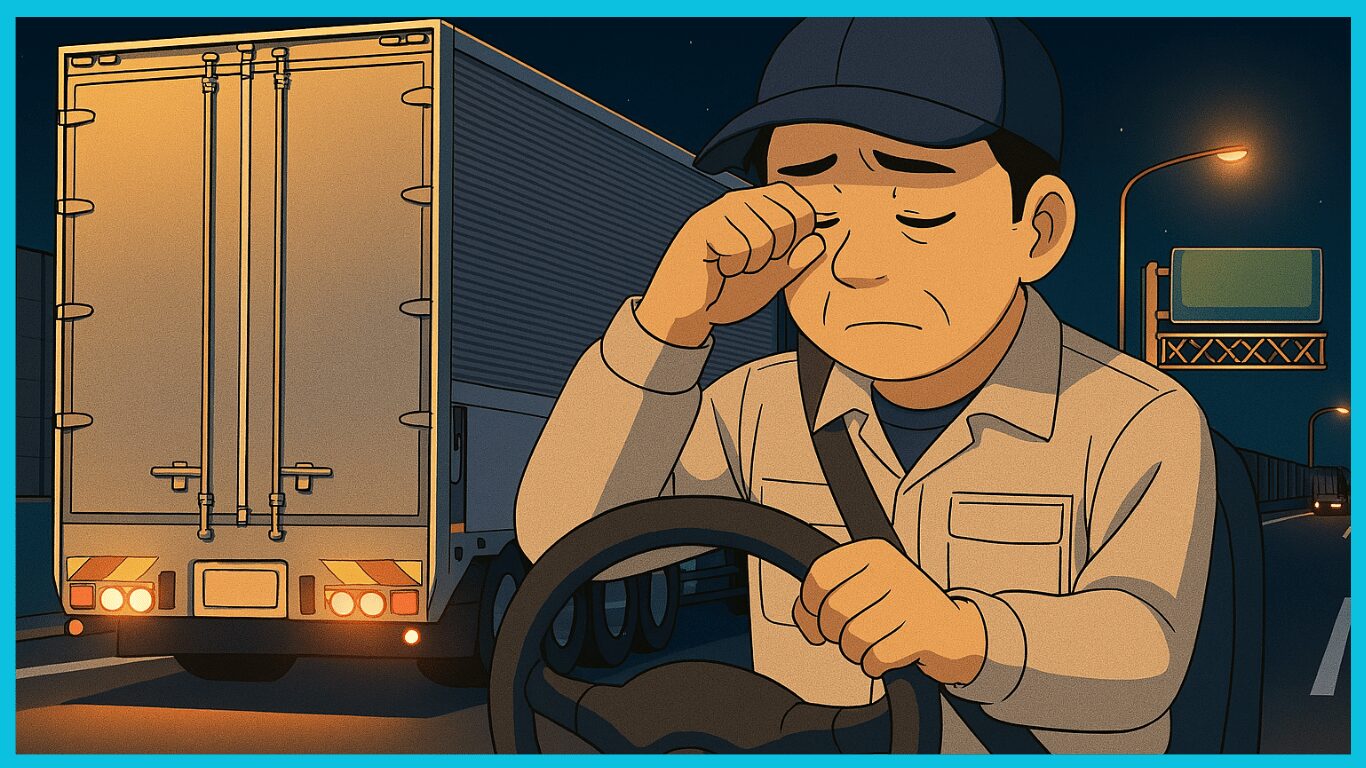 深夜の高速道路を走行中に睡魔と戦うトラック運転手のイラスト

