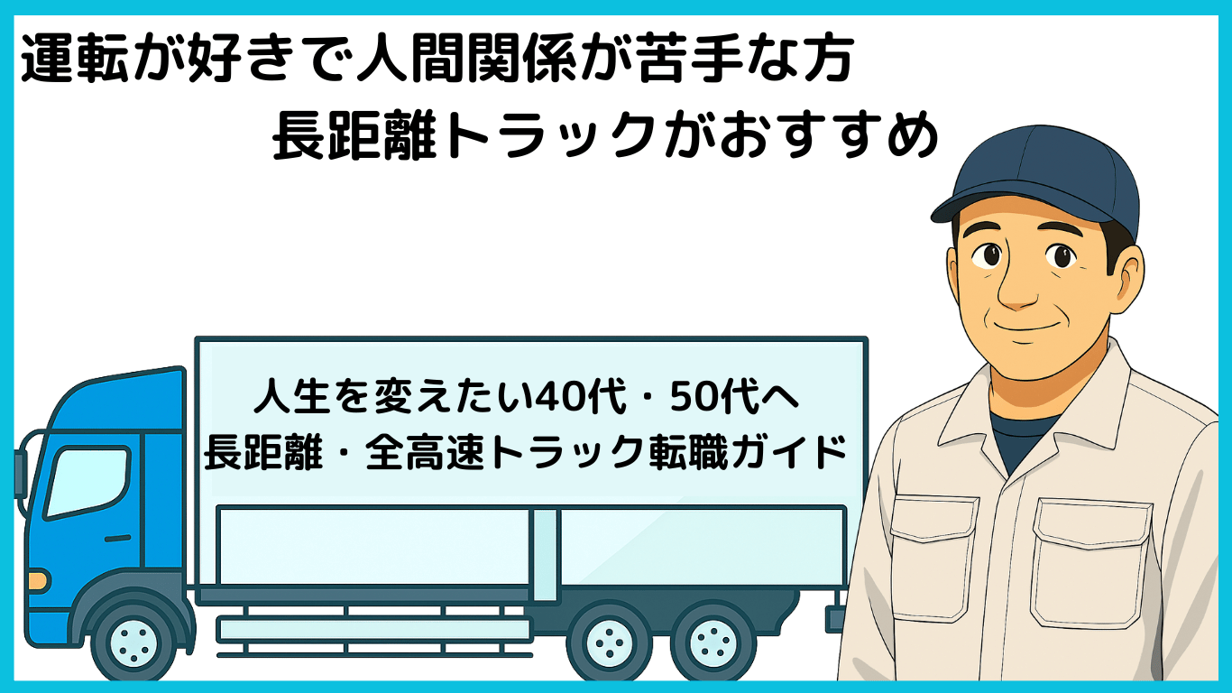 運転が好きで人間関係が苦手な40代・50代に向けた長距離トラック転職ガイドのバナーイラスト
