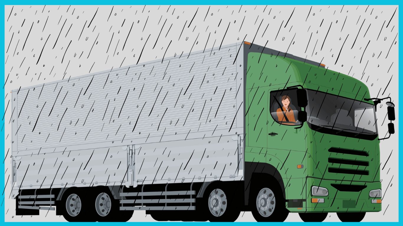 雨の中でも荷物を濡らさず走行するウィング型トラックのイラスト
