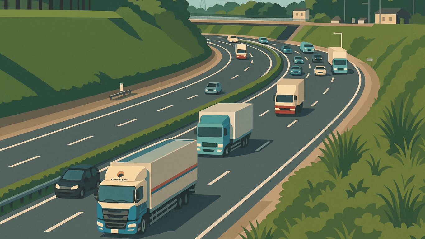 全線高速で運行する長距離トラックが走行する高速道路の風景イラスト
