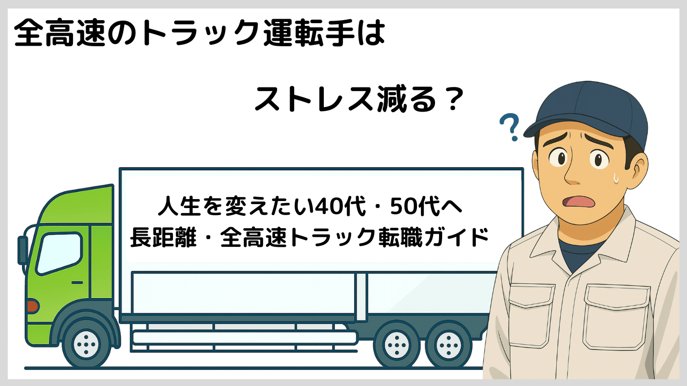 全高速の長距離トラック運転手はなぜストレスが減るのかを解説するイラスト。高速道路主体の運行で渋滞や荷待ちが少なく、精神的負担が軽減される働き方を表現。