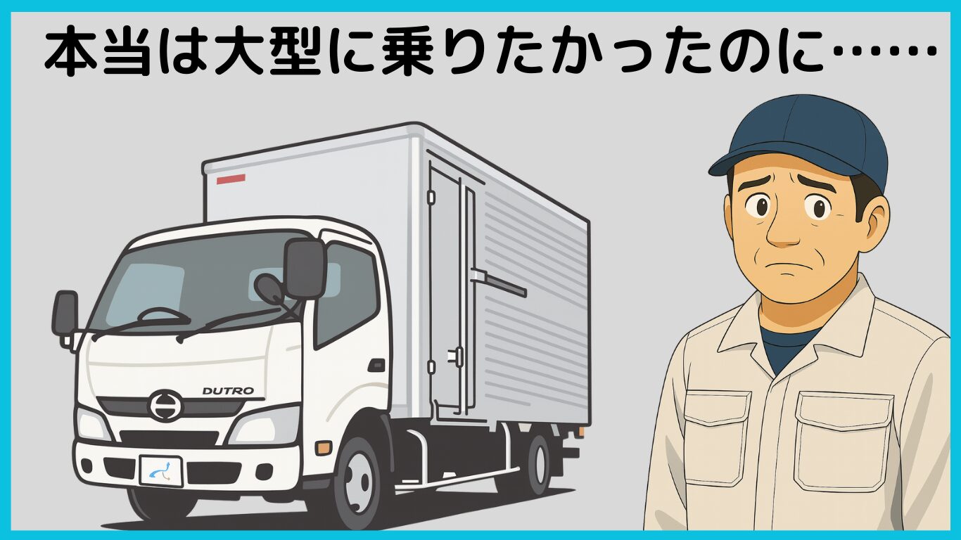 大型トラックに乗れず2トン車に配属されて残念そうな表情をするドライバーのイラスト
