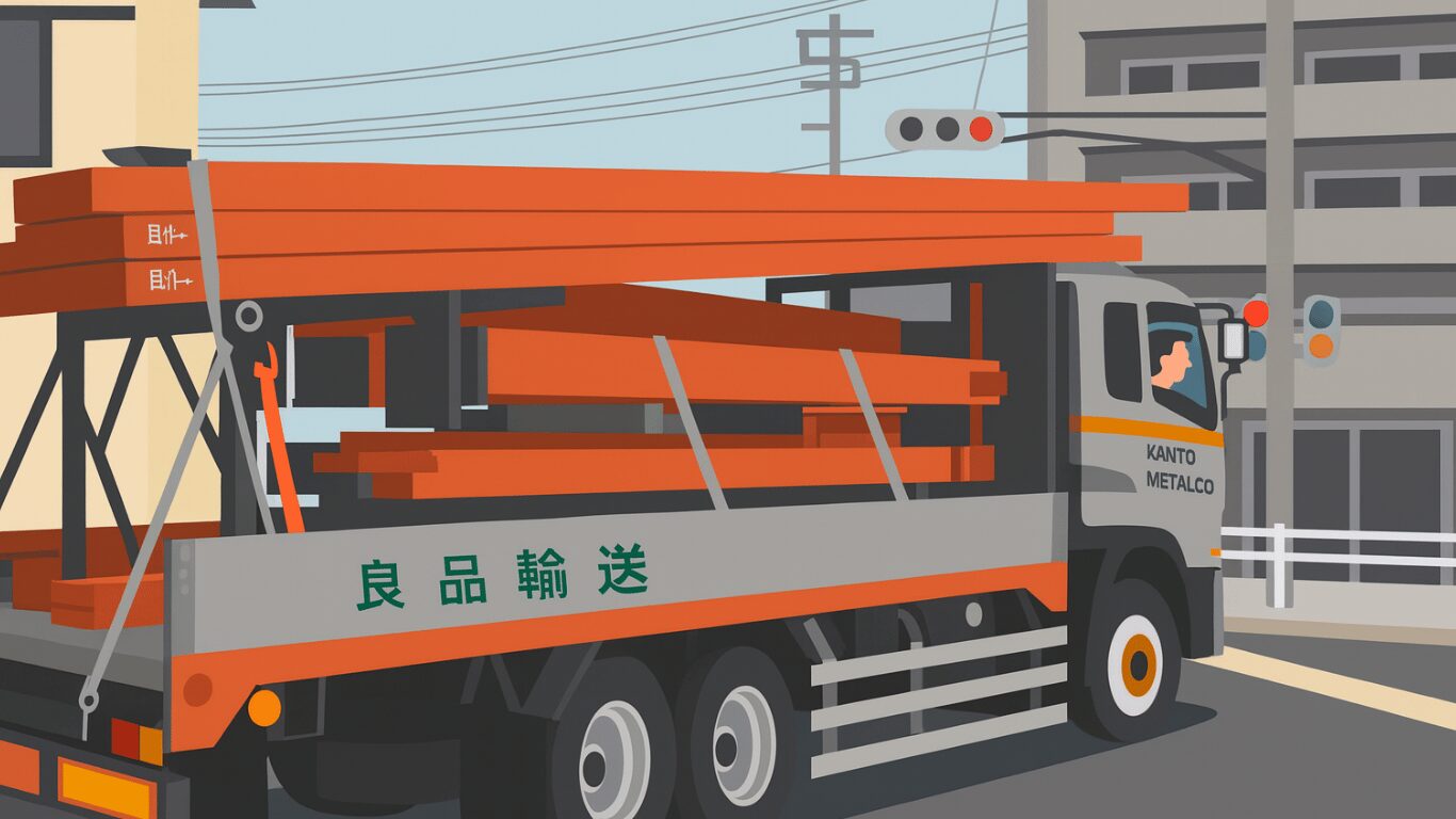 市街地を鉄骨を積載した平ボディトラックが走行している様子
