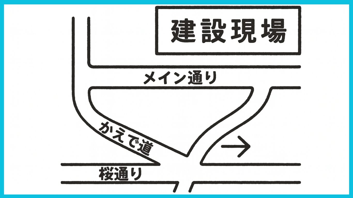建設現場への道順を示す手書き地図のイラスト
