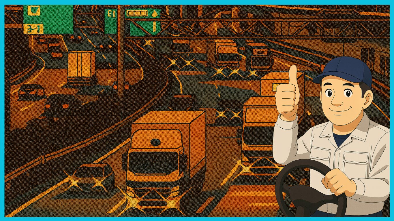 高速道路を走る大型トラックと笑顔で親指を立てるドライバーのイラスト