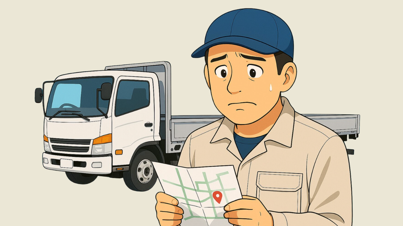 平ボディトラックで建設現場へ向かう前に地図で荷下ろし先を確認するトラック運転手