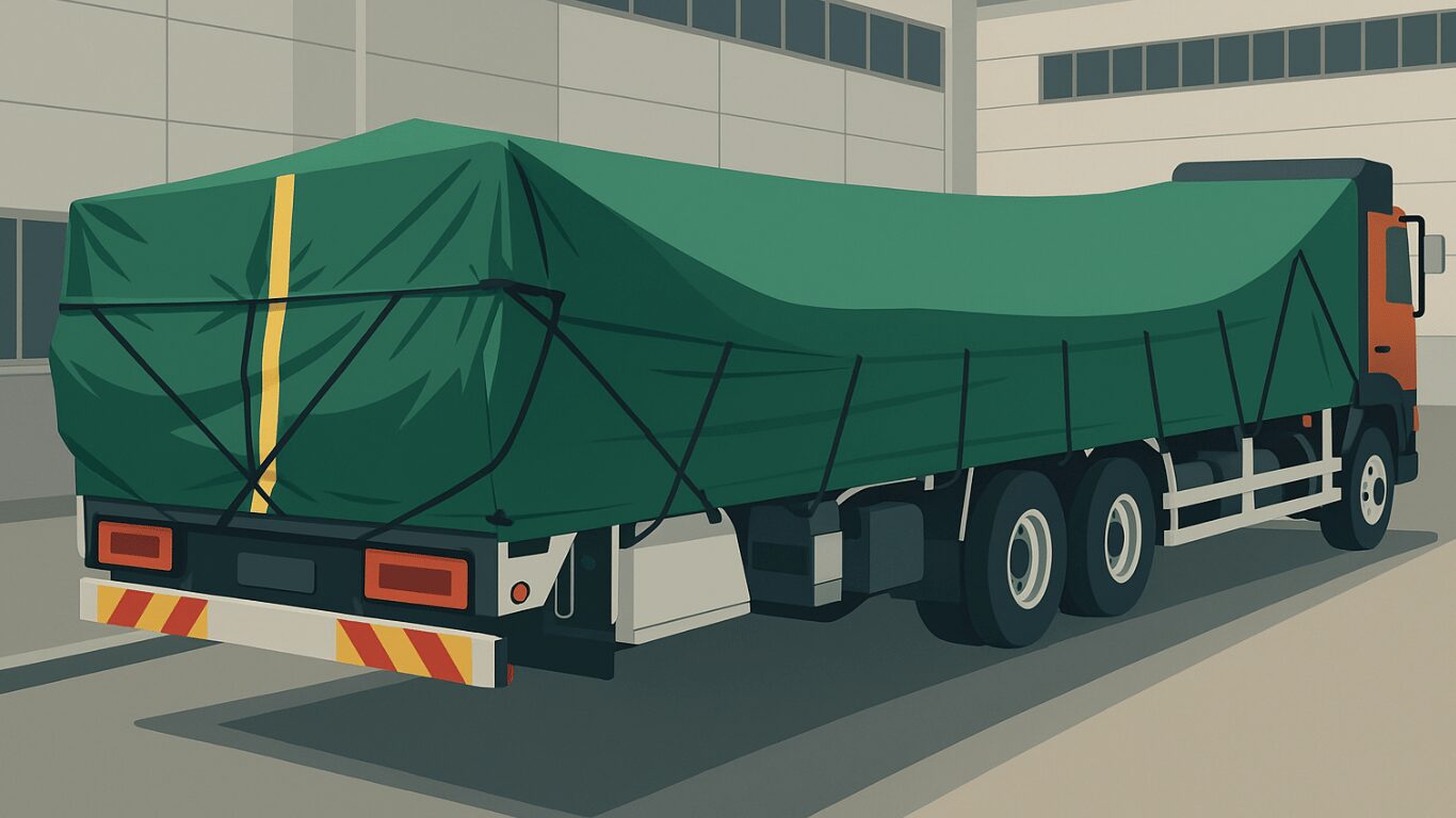 荷物を守るためにシートをかけた平ボディートラックの後方画像
