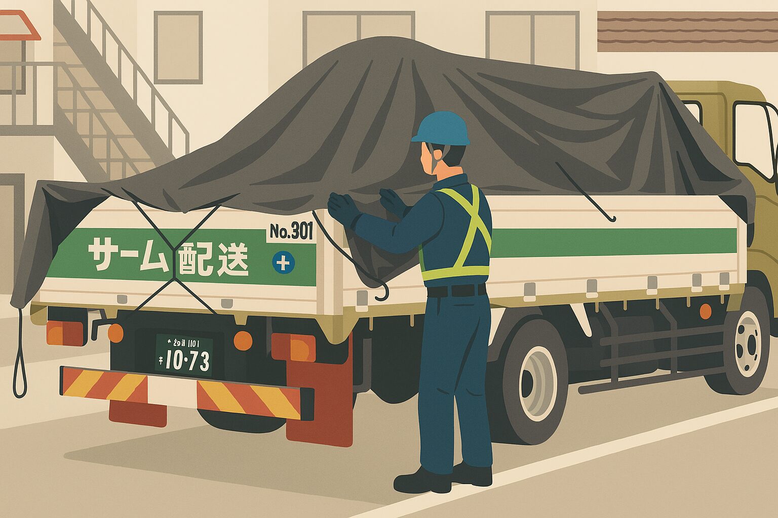 平ボディトラックの荷台に黒いシートを掛けて固定するドライバーの後ろ姿
