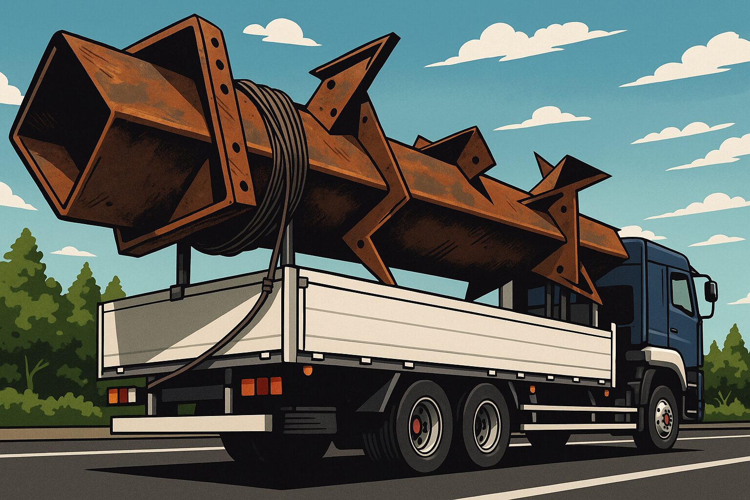 大型の鉄材を積載し荷台からはみ出している平ボディトラックのイラスト
