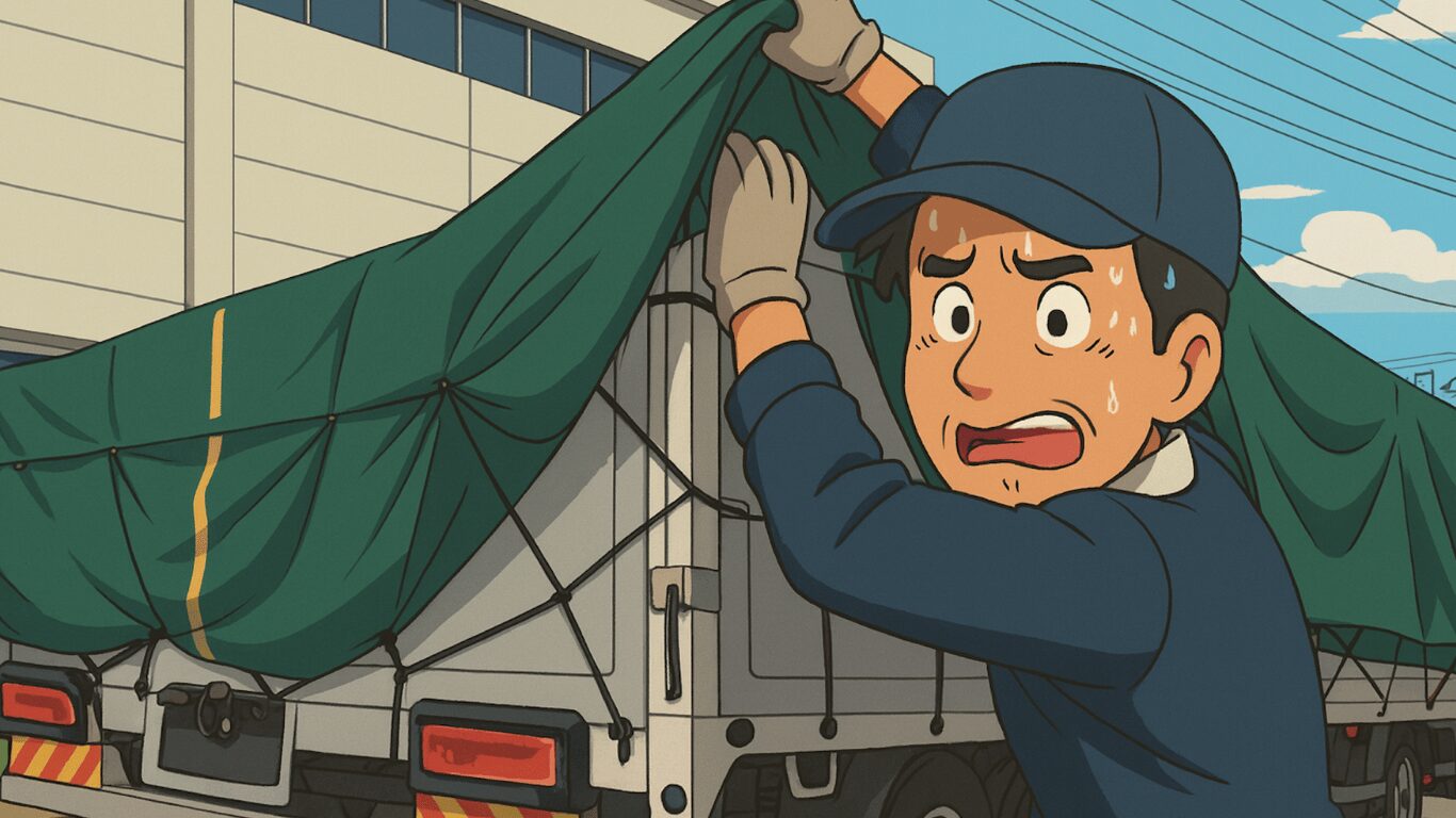 シートをかける作業で汗をかきながら苦労するトラック運転手のイラスト
