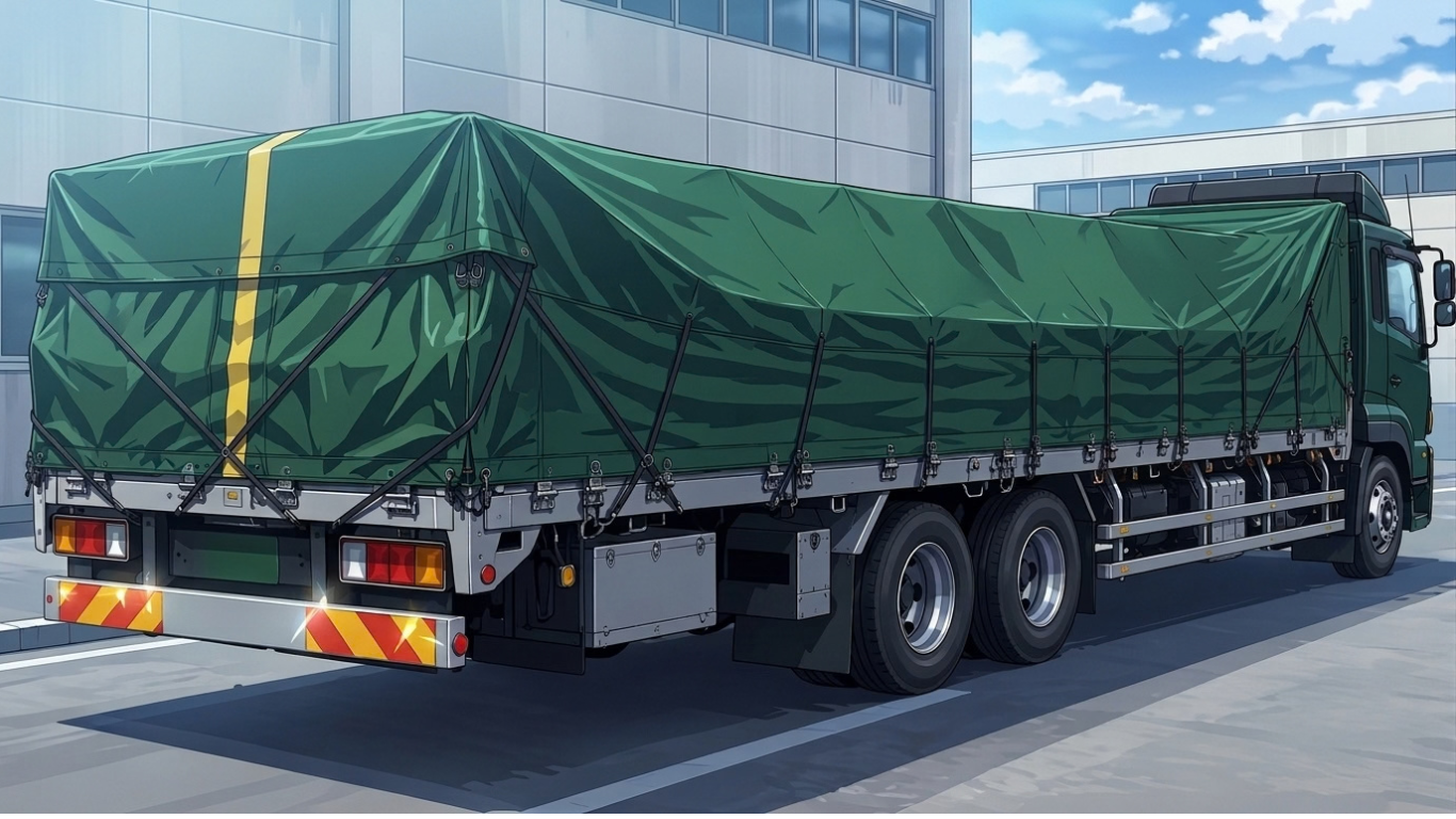 大型平ボディトラックの荷台に荷物を積みシートをかけた状態