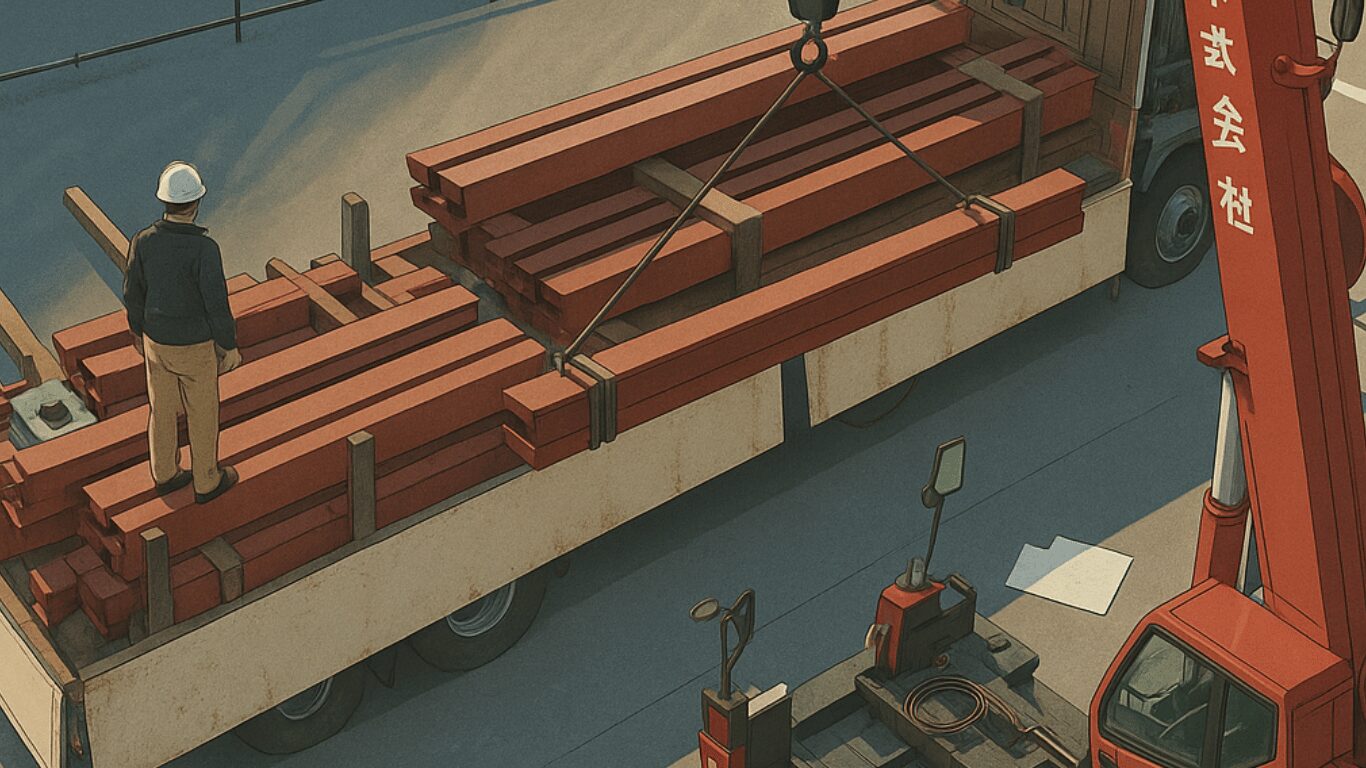 平ボディトラックから鉄骨を荷下ろししている様子。作業は半日以上かかる場合もある
