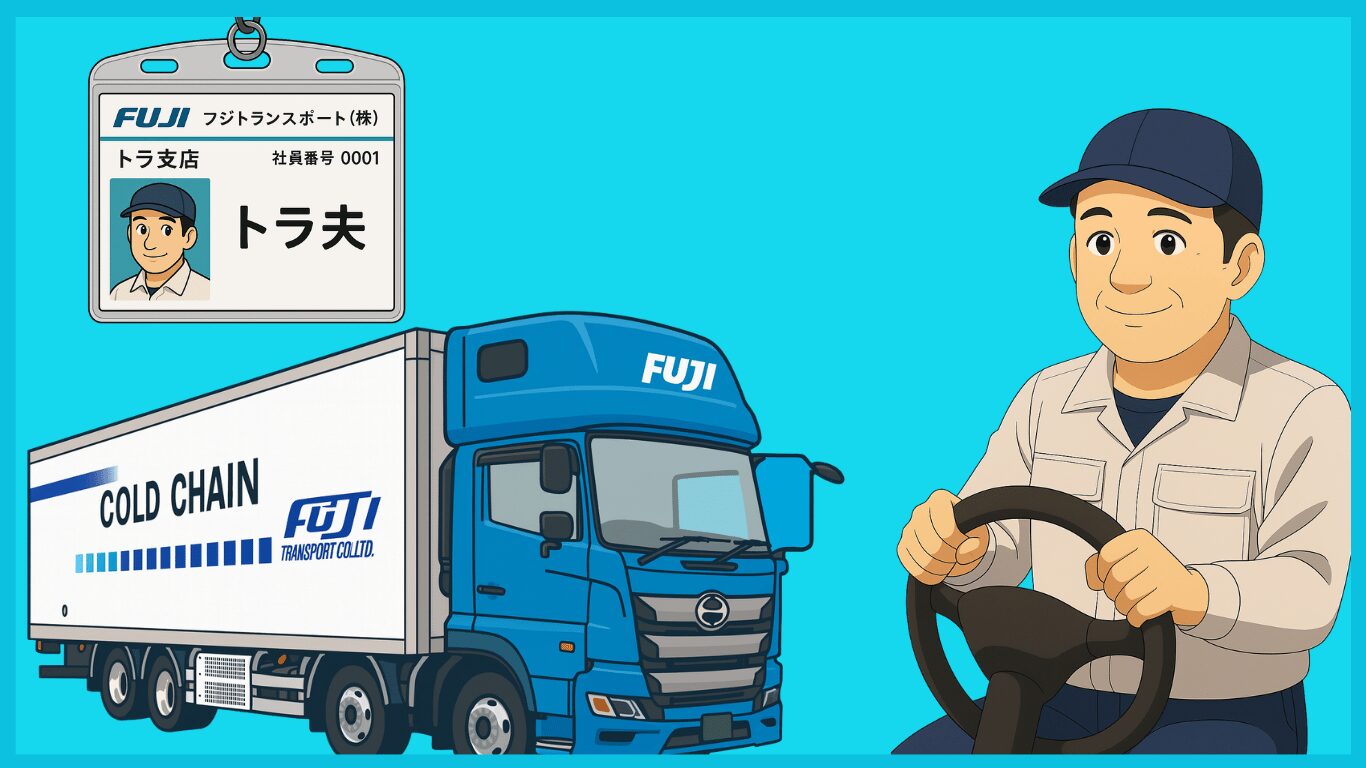 フジトランスポートのトラ夫ドライバーと冷凍冷蔵トラックのイラスト