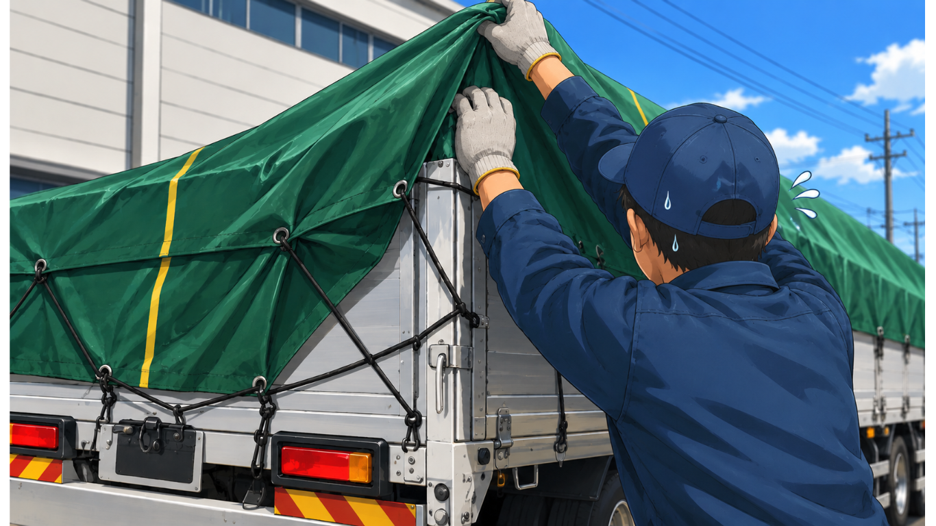 平ボディトラックで荷物にシート掛けをするドライバー