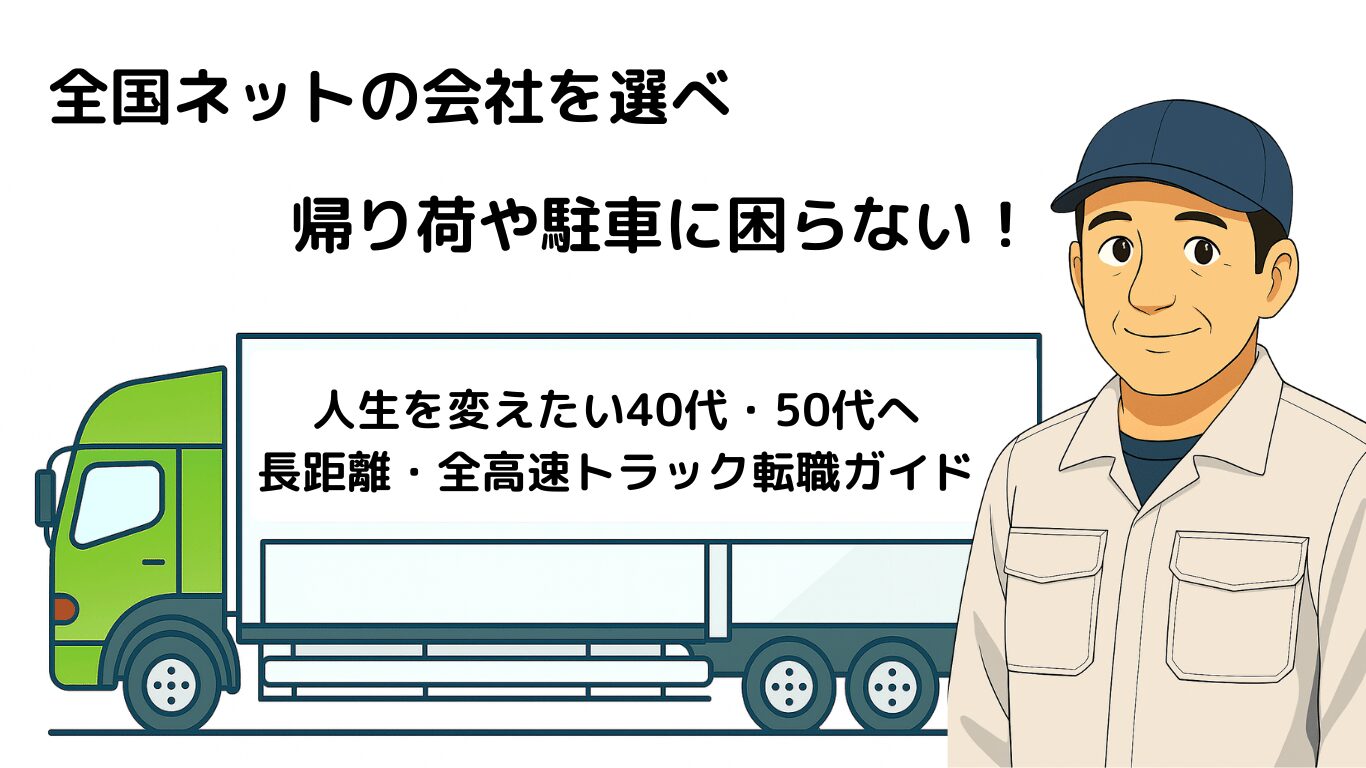 全国に営業所がある運送会社を選べば長距離トラック運転手でも帰り荷や駐車場所に困らないことを説明するイラスト