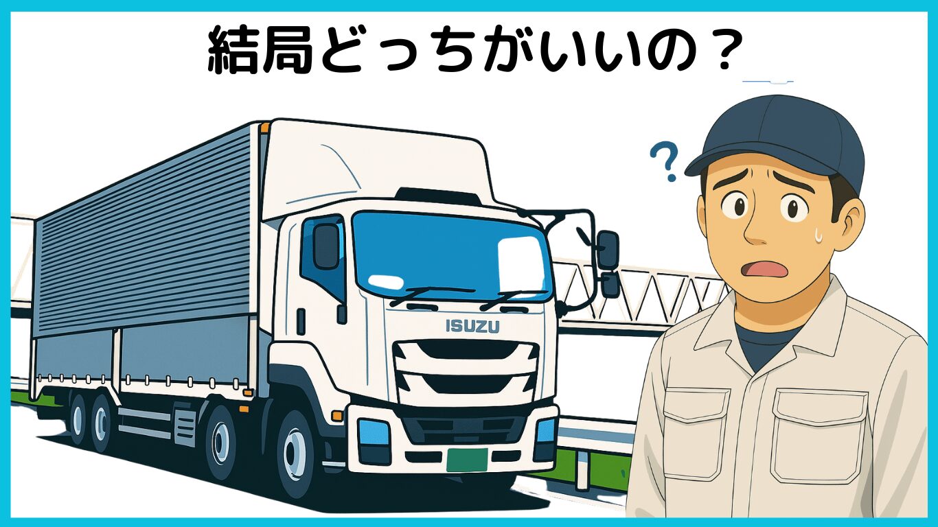 元請けと協力会社のどちらが良いか悩む長距離トラック運転手のイラスト
