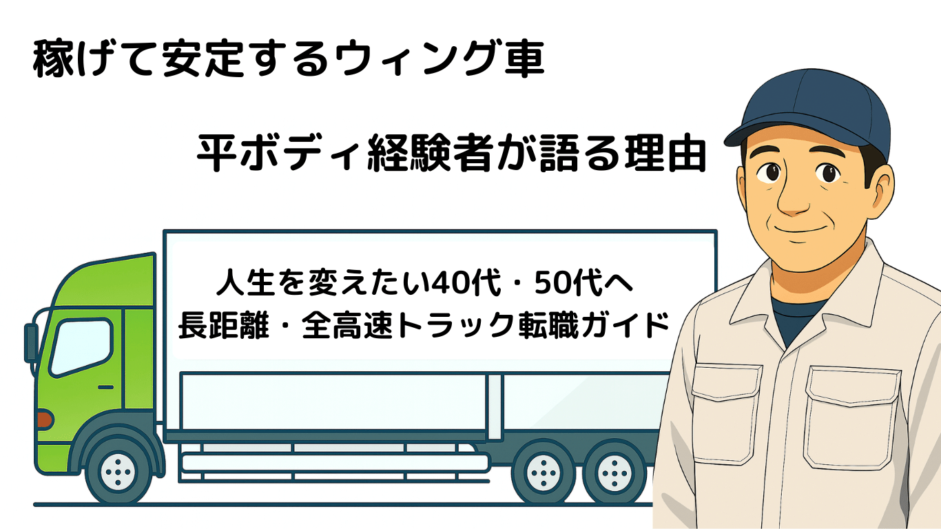 長距離トラック運転手がウィング車や箱車を選ぶ理由を解説するイラスト|平ボディ時代との比較による安定性や働きやすさ