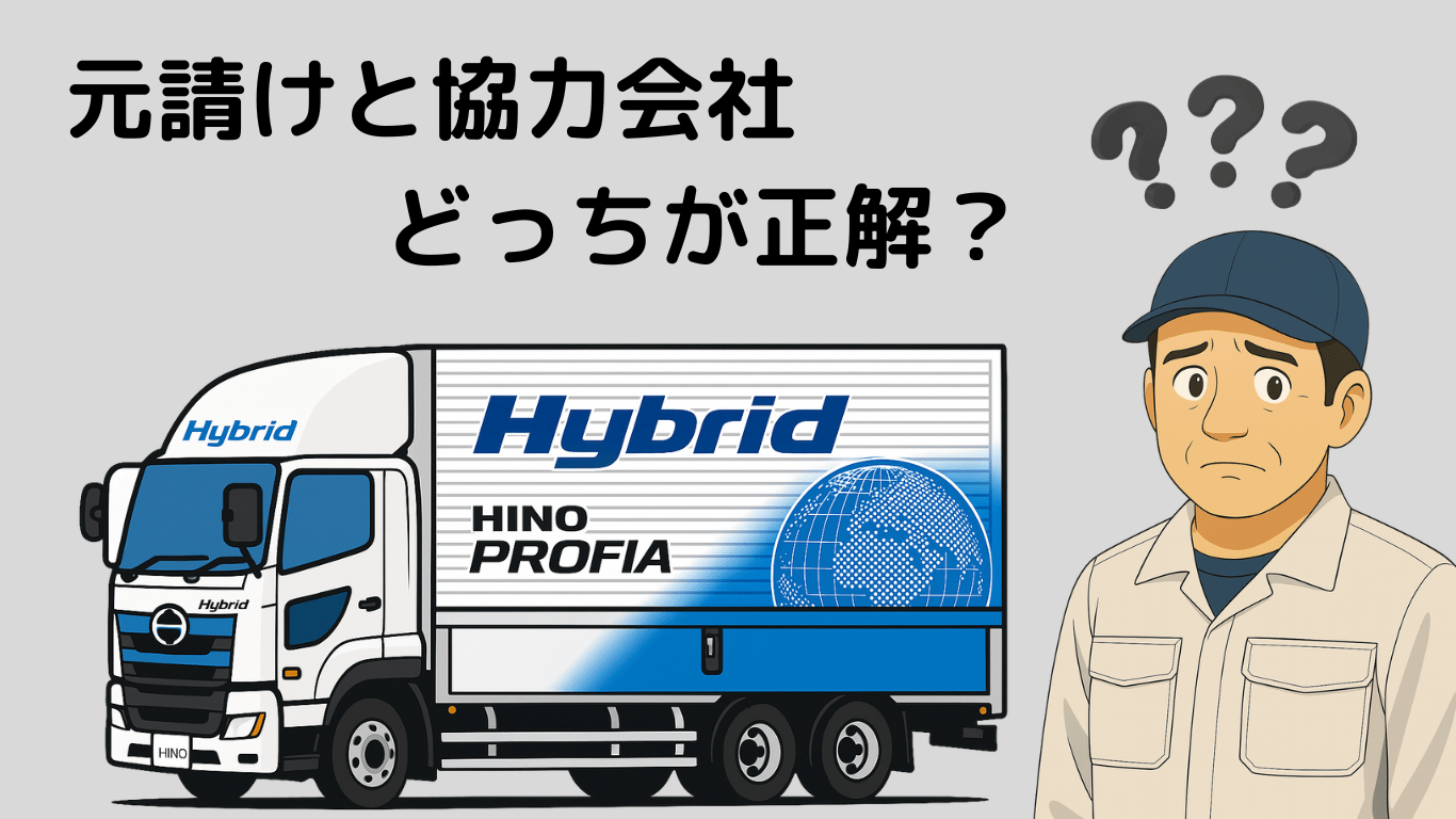 運送会社の元請けと協力会社の違いを考えるトラック運転手のイラスト。元請けと下請けどちらで働くべきかを解説する場面。