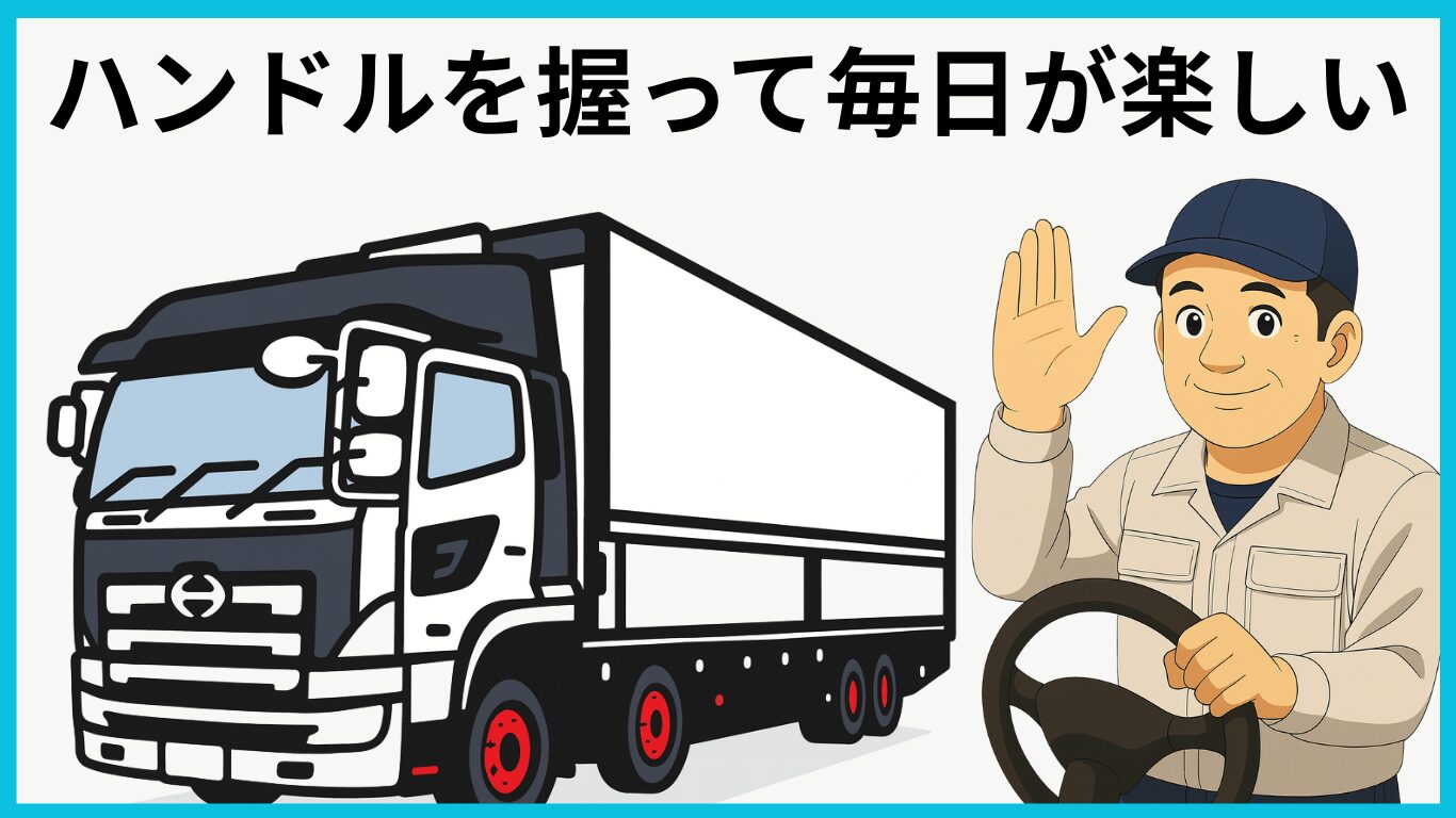 大型トラックの運転席でハンドルを握り、笑顔で手を挙げるドライバーのイラスト