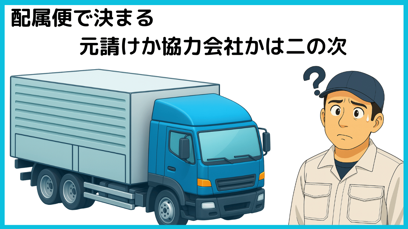 青いトラックと困惑するドライバーのイラスト。配属便が重要で元請けか協力会社かは二の次と説明している画像