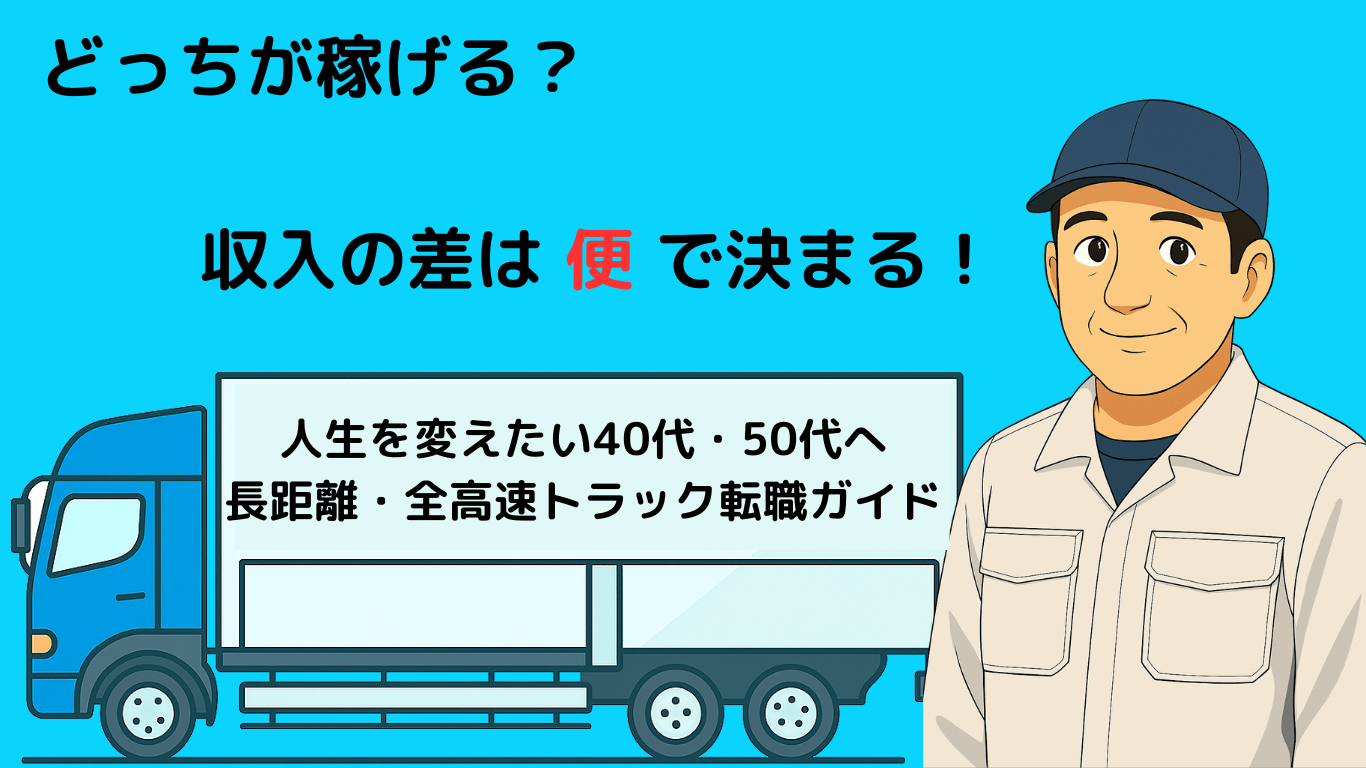 現役トラックドライバーが元請けと協力会社の違いを解説するイラスト付き解説画像。収入の差は便で決まると紹介。