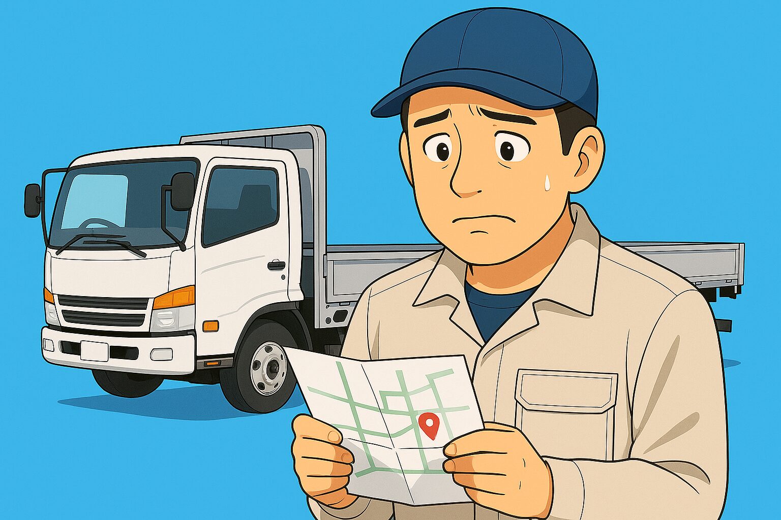 平ボディトラックの運転手が地図を見ながら荷下ろし先を下調べしている様子
