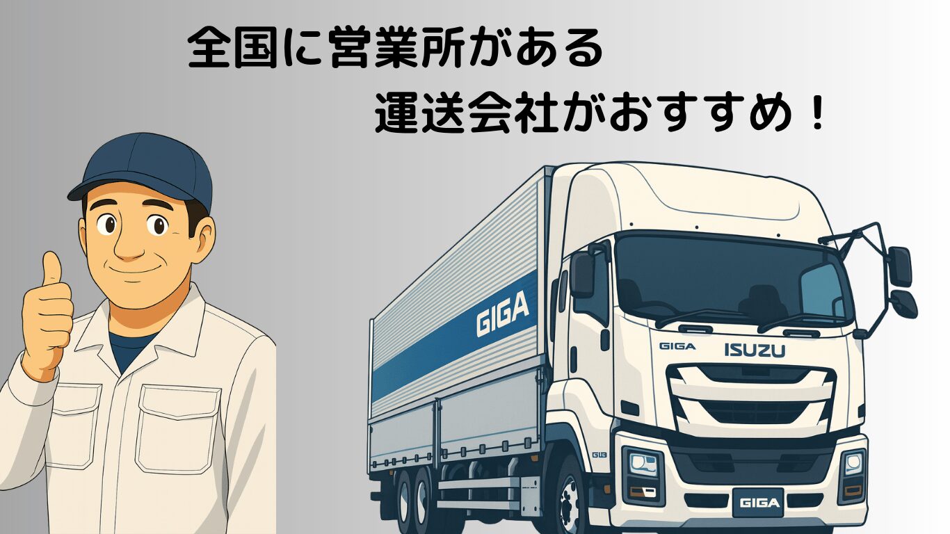 全国に営業所を持つ運送会社で働くことをおすすめする長距離トラック運転手のイラスト。全国展開の会社は安定した仕事量と転勤や配属の柔軟さが特徴。