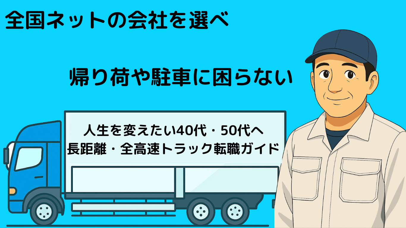 全国に営業所がある運送会社を選べば帰り荷や駐車に困らないと紹介する長距離トラック転職ガイドのアイキャッチ画像