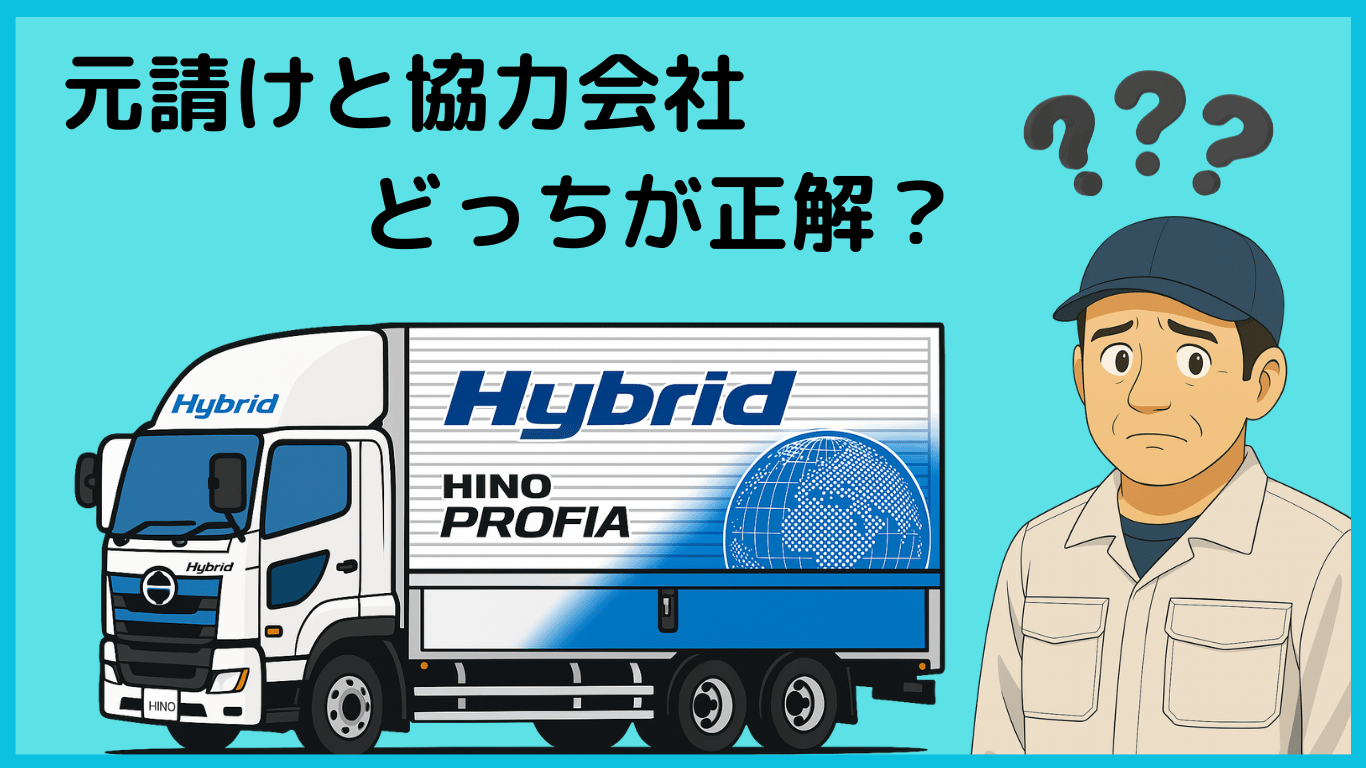 大型トラック運転手が元請け会社と協力会社のどちらを選ぶべきか迷っているイラスト