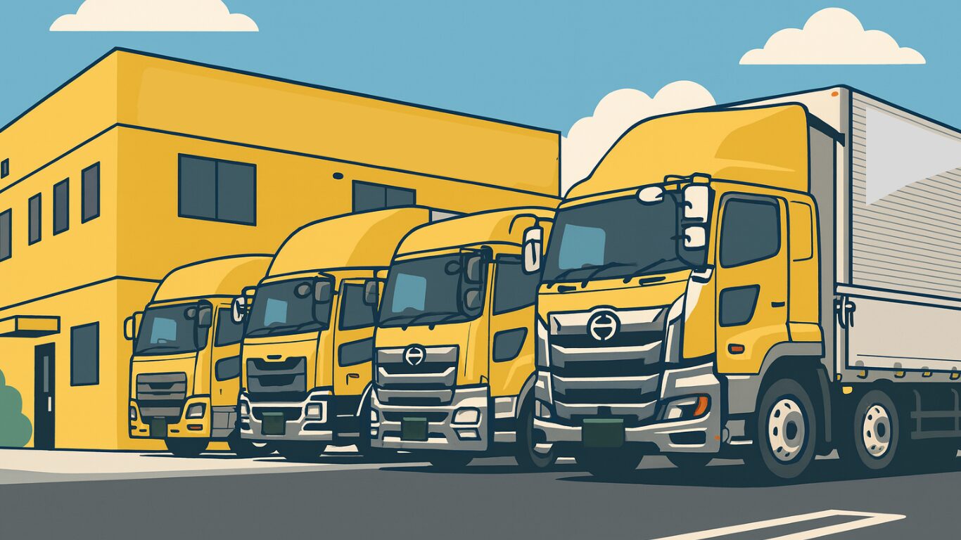 全国に営業所を持つ大手や中堅の運送会社をイメージした黄色い大型トラックのイラスト