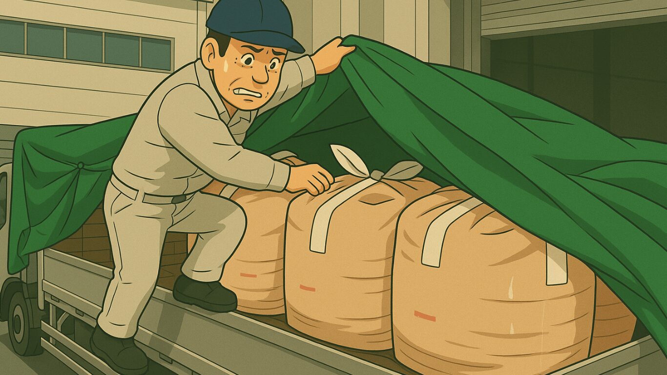 平ボディートラックでフレコンバッグにシートをかける作業員のイラスト。