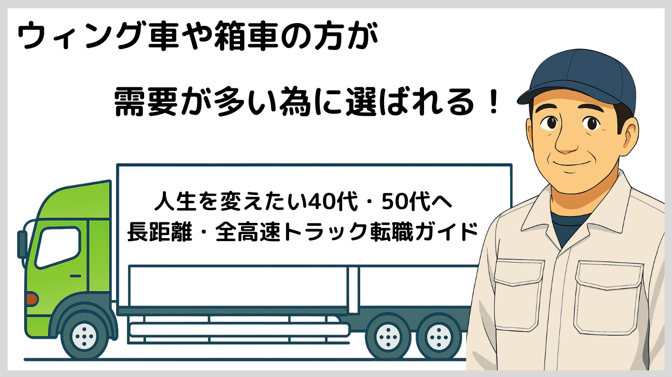 ウィング車や箱車は荷物の積み下ろしがしやすく、需要が多いため長距離トラック運転手に選ばれる理由を解説するイラスト。