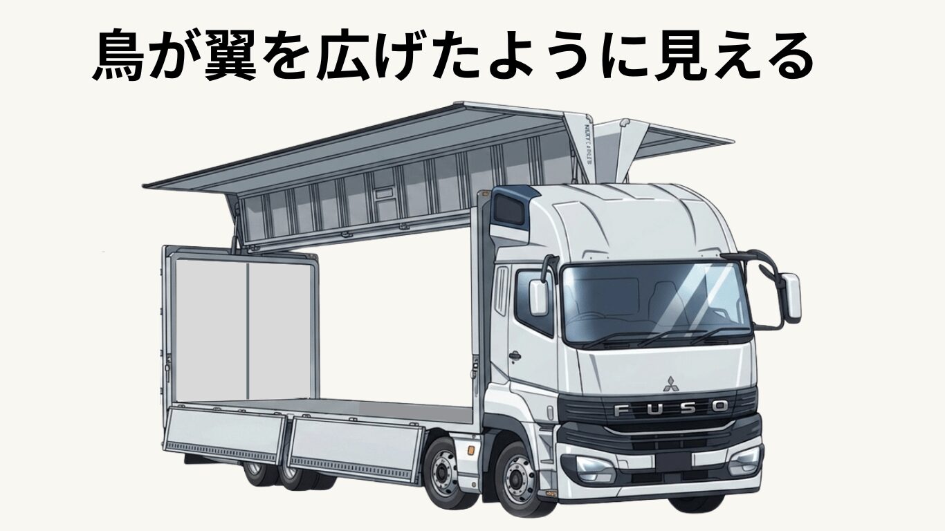 ウイング車の特徴を解説したイラスト。鳥が翼を広げたように側面パネルが開き、フォークリフトで積み下ろししやすい大型トラック