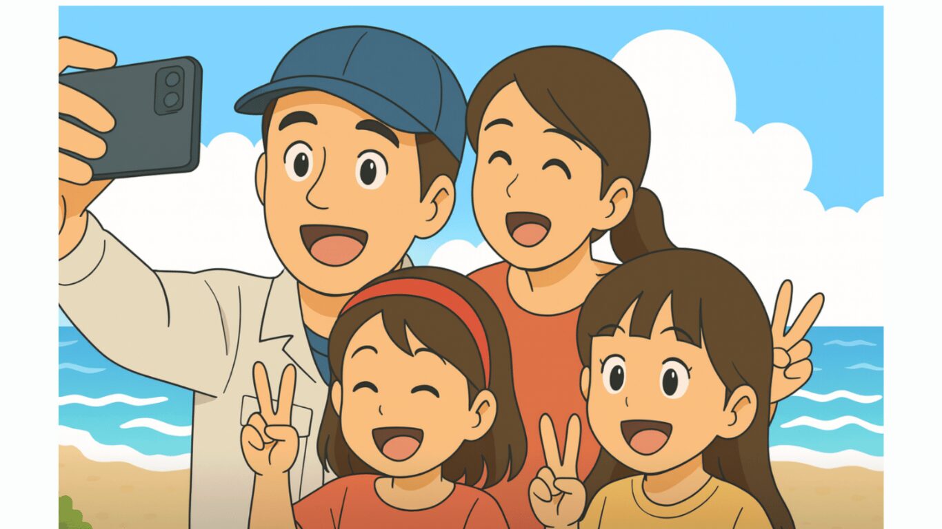 全国に営業所がある大手運送会社で働き、休みが取りやすく家族旅行を楽しむ長距離トラック運転手のイメージ