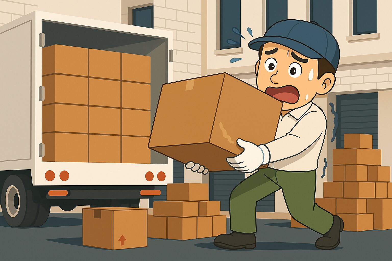 手作業で段ボールを一つずつ積み込むバラ積み作業をするドライバーのイラスト