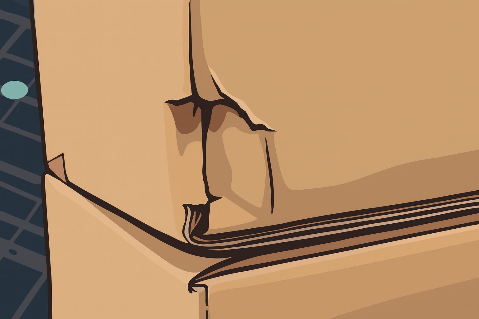 角が潰れて破れた段ボール箱のクローズアップ|荷物事故による破損イメージ