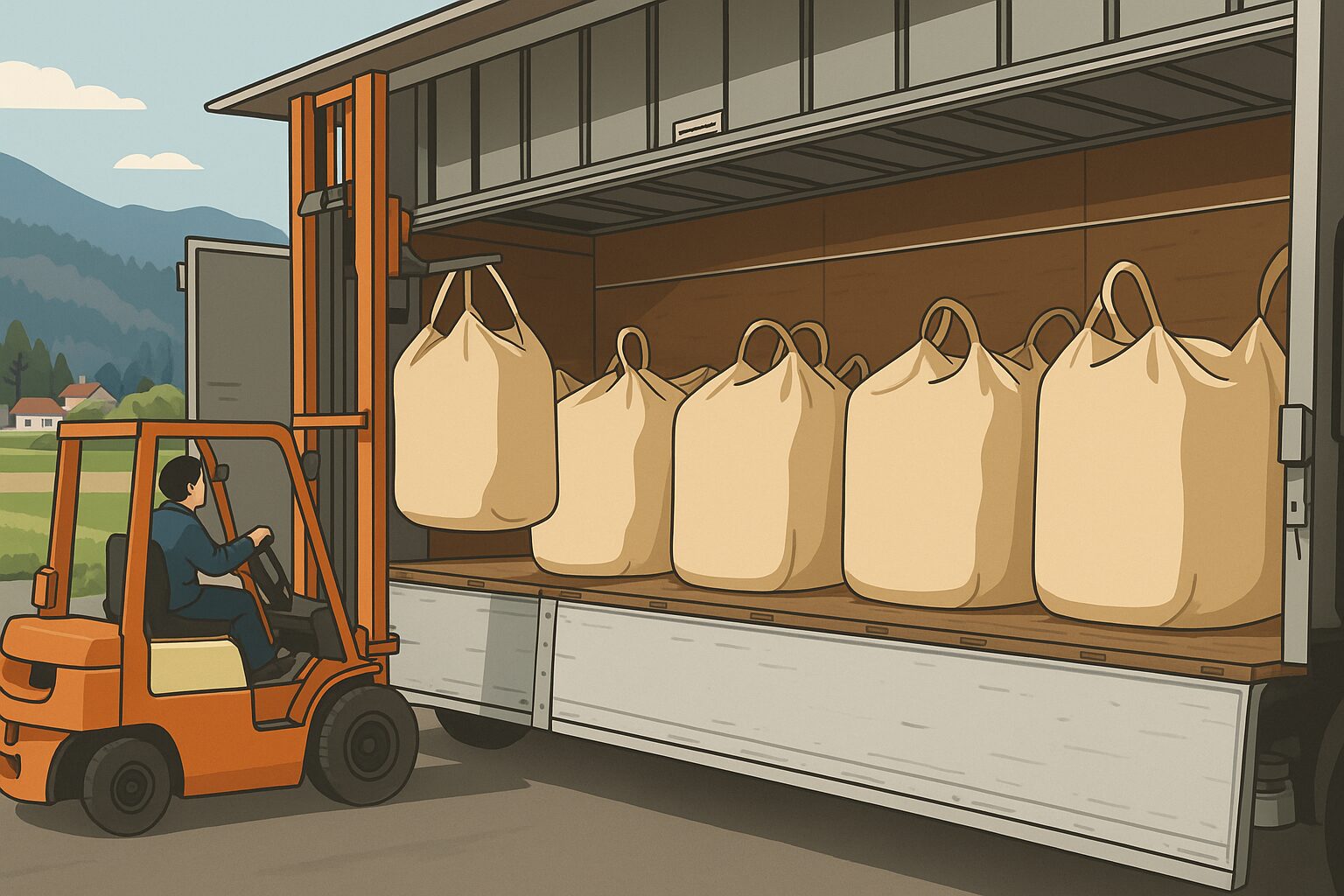 フォークリフトでトラックにフレコンバッグを積み込む様子|重量物は人力では持ち上げられないため機械が必要な作業