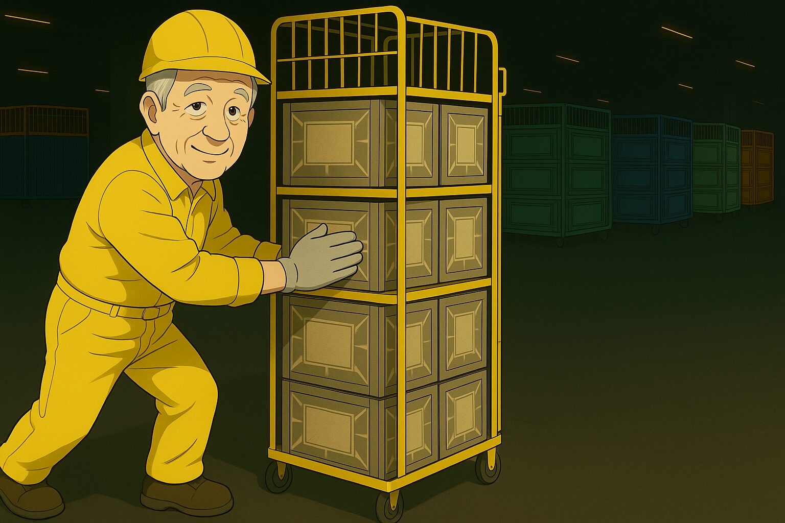 カゴ台車を押して荷物を運ぶ高齢ドライバーのイラスト