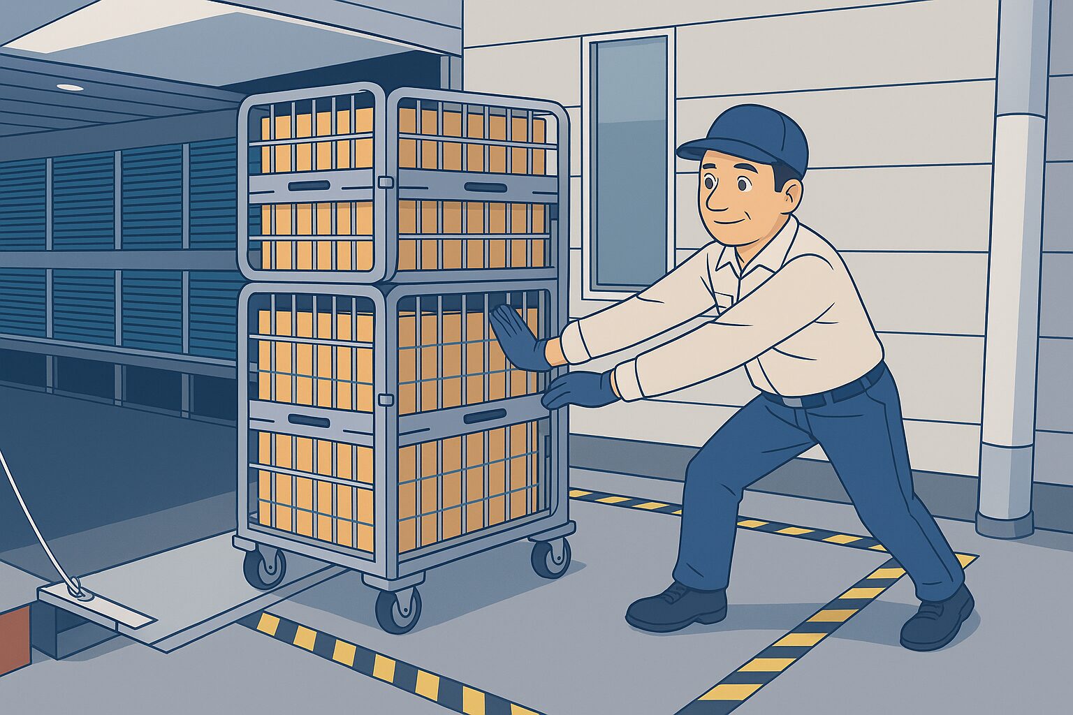カゴ台車を押して荷物を運ぶ男性作業員のイラスト。体への負担が少なく年齢を重ねても続けやすい作業を表している。