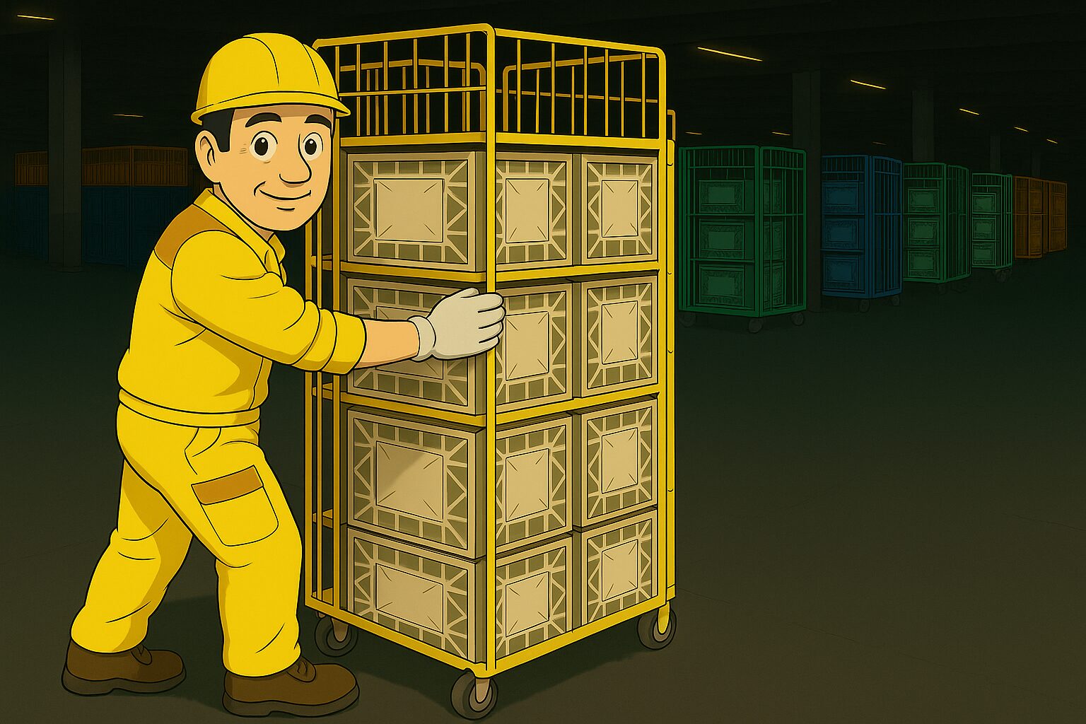 カゴ台車を押す作業員のイラスト。カゴ台車を扱う運行は体力的に楽で長続きしやすいことを表現。