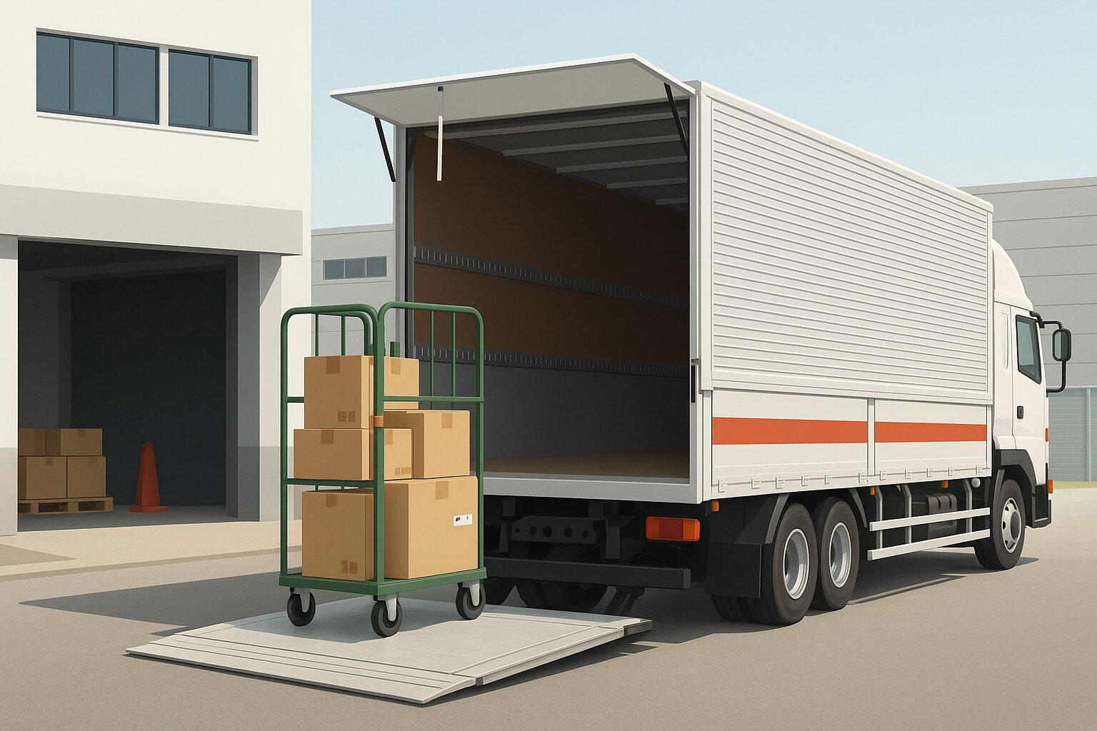 カゴ台車を使ってトラックへ荷物を積み込みする様子。体力的な負担が少なく長く続けやすい仕事を表すイラスト。