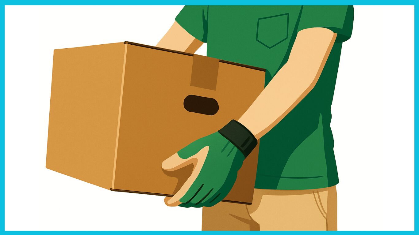 カゴ台車を使って荷物を安全に運ぶ作業員のイラスト