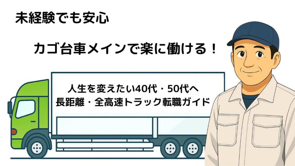 未経験や40代50代でも安心して働ける、カゴ台車メインの長距離トラック転職を説明するイラスト